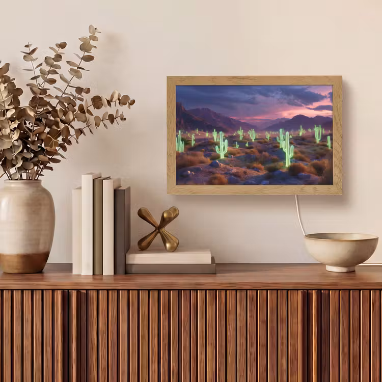 Neon cactussen - Woestijn - Zonsondergang Light Box met kabel (Tafellamp) klein -sfeer2