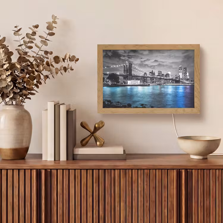 New York - Skyline - Stad - Blauw Light Box met kabel (Tafellamp) klein -sfeer2