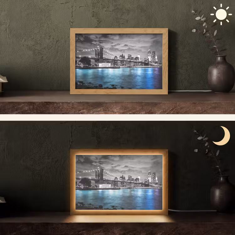 New York - Skyline - Stad - Blauw Light Box met kabel (Tafellamp) klein -sfeer3