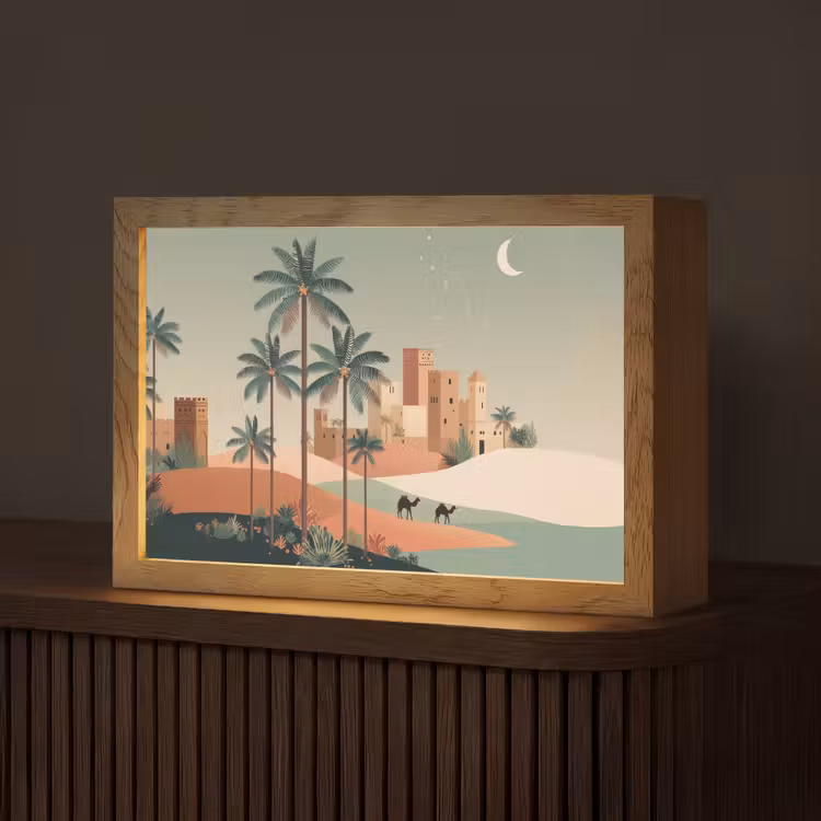Nachtlandschap - Kamelen - Sterren - zandduinden Light Box met kabel (Tafellamp) klein -z3d_website
