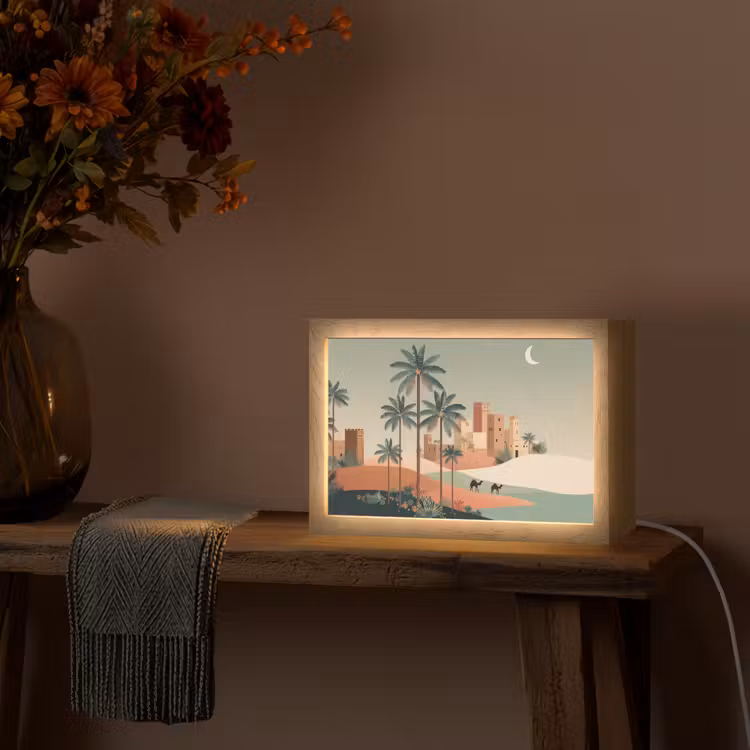 Nachtlandschap - Kamelen - Sterren - zandduinden Light Box met kabel (Tafellamp) klein -sfeer4
