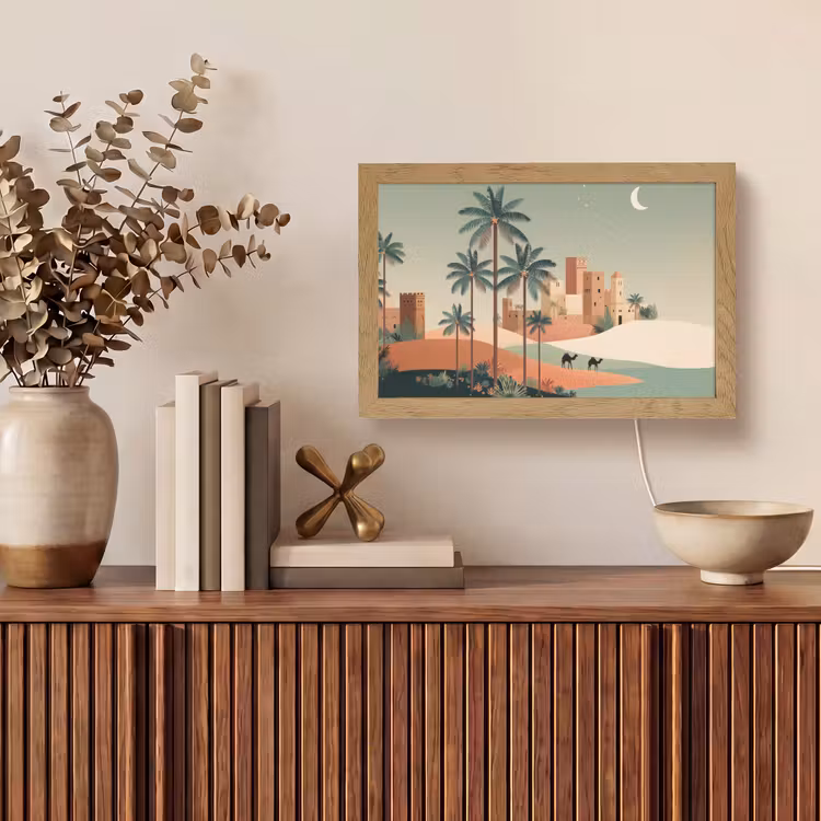 Nachtlandschap - Kamelen - Sterren - zandduinden Light Box met kabel (Tafellamp) klein -sfeer2