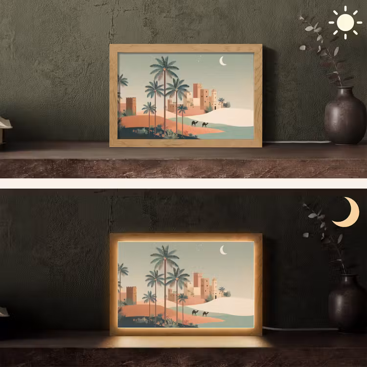 Nachtlandschap - Kamelen - Sterren - zandduinden Light Box met kabel (Tafellamp) klein -sfeer3