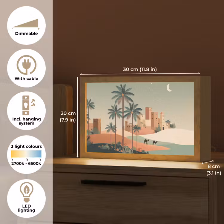Nachtlandschap - Kamelen - Sterren - zandduinden Light Box met kabel (Tafellamp) klein -USP_EN
