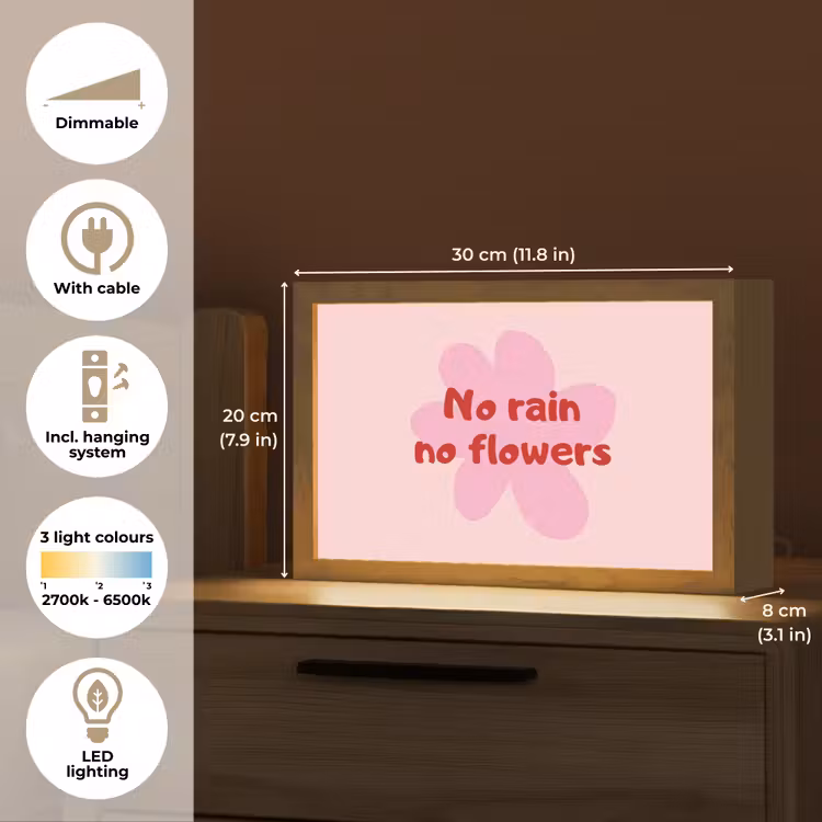 No rain no flowers - Bloem - Roze Light Box met kabel (Tafellamp) klein -USP_EN