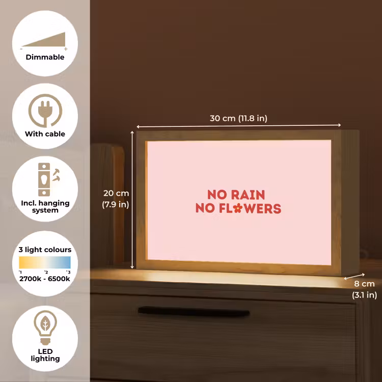 No rain no flowers - Minimalistisch - Roze - Bloem Light Box met kabel (Tafellamp) klein -USP_EN