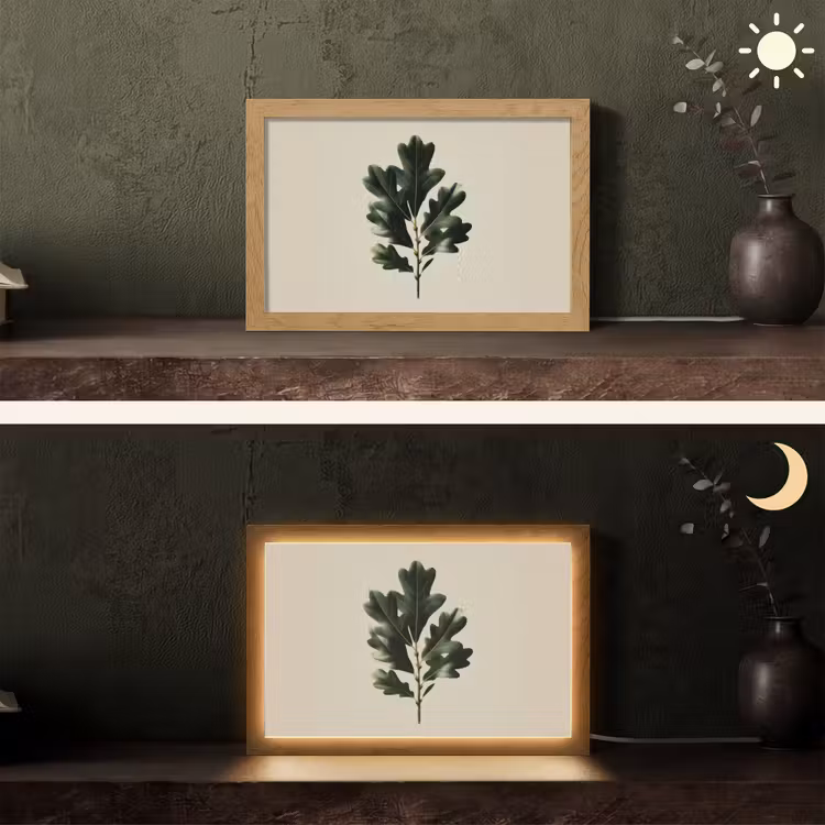 Eikenbladeren - Beige - Groen - Golvende randen Light Box met kabel (Tafellamp) klein -sfeer3