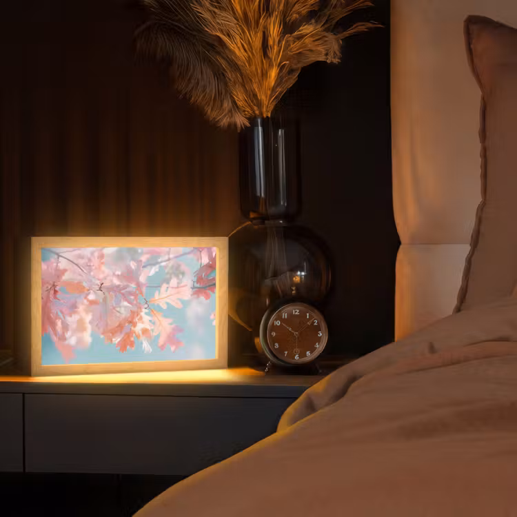 Eikenbladeren - Takken - Roze Light Box met kabel (Tafellamp) klein -sfeer1