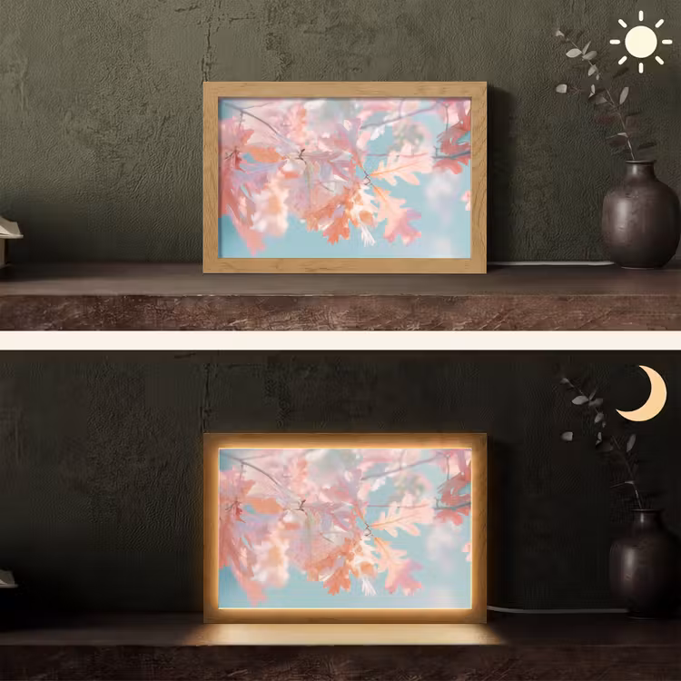 Eikenbladeren - Takken - Roze Light Box met kabel (Tafellamp) klein -sfeer3