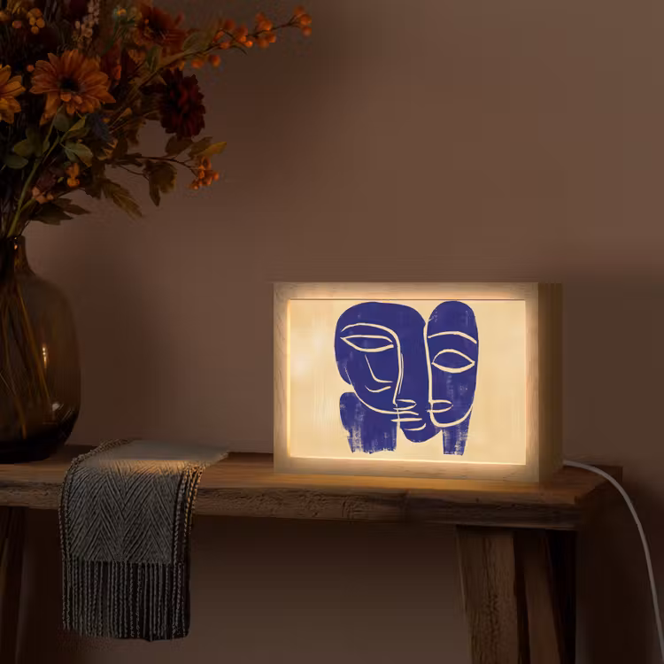 Okergeel - Blauw - Eenvoudige lijnen Light Box met kabel (Tafellamp) klein -sfeer4