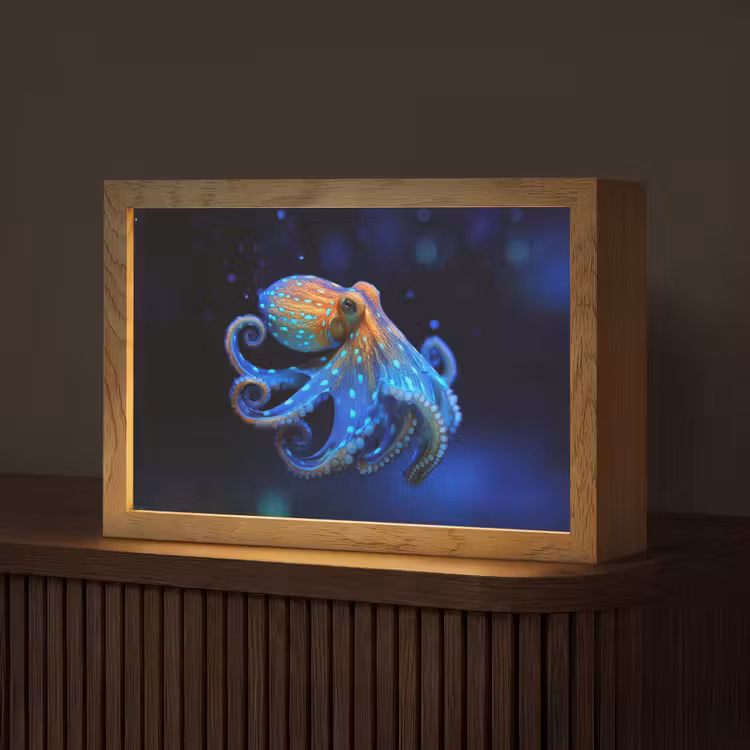 Octopus - Stippen - Blauw - Zee Light Box met kabel (Tafellamp) klein -z3d_website