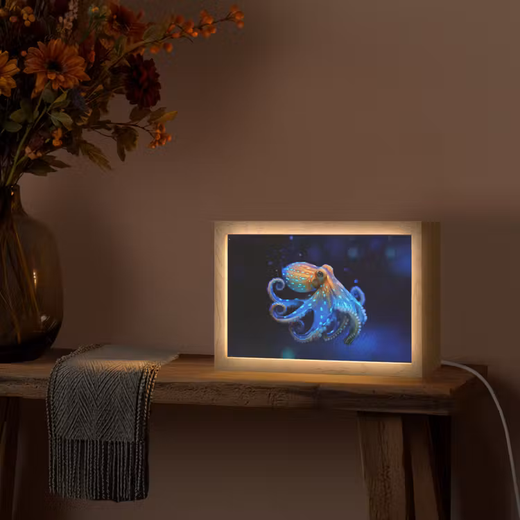 Octopus - Stippen - Blauw - Zee Light Box met kabel (Tafellamp) klein -sfeer4