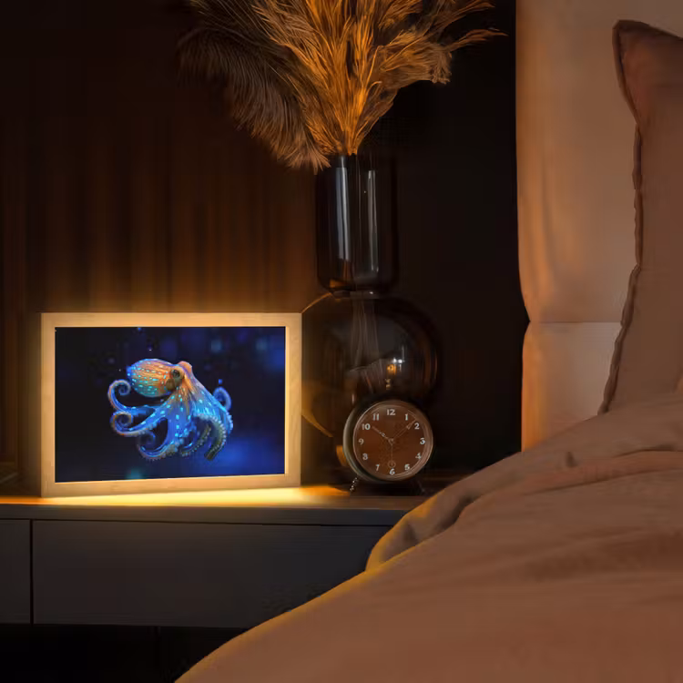 Octopus - Stippen - Blauw - Zee Light Box met kabel (Tafellamp) klein -sfeer1