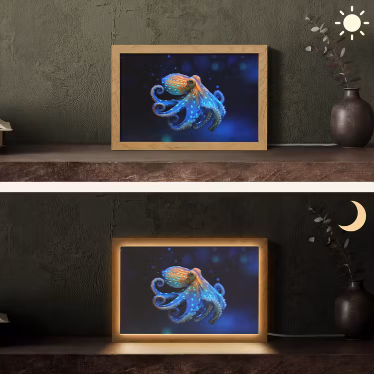 Octopus - Stippen - Blauw - Zee Light Box met kabel (Tafellamp) klein -sfeer3