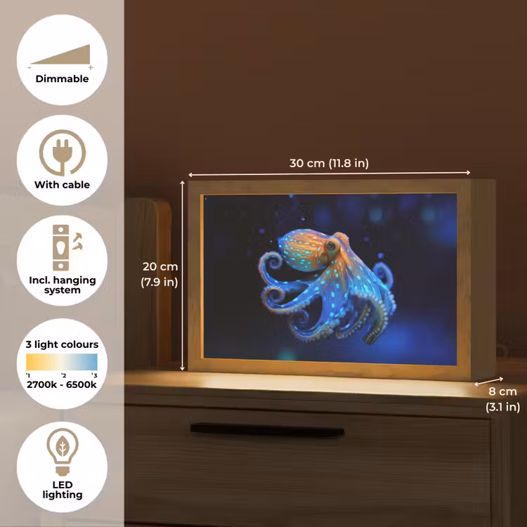 Octopus - Stippen - Blauw - Zee Light Box met kabel (Tafellamp) klein -USP_EN