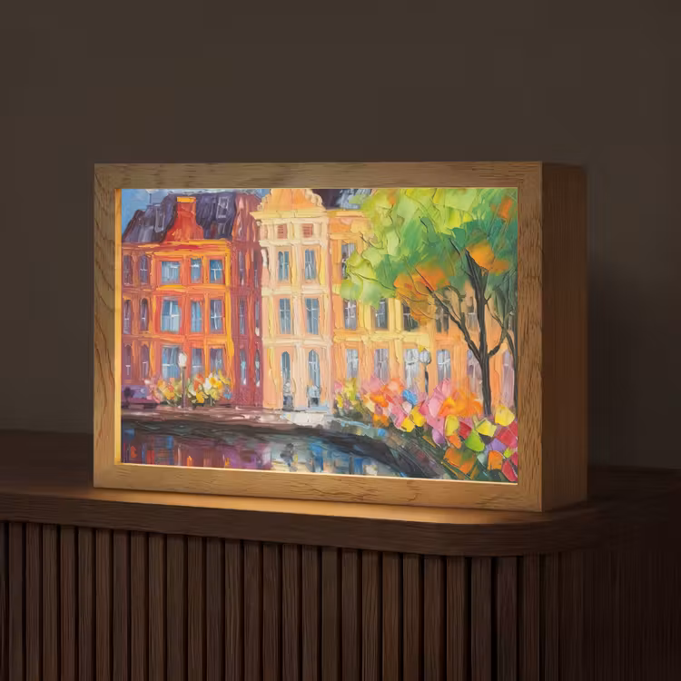 Olieverf - Amsterdam - Kunst - Kleurrijk Light Box met kabel (Tafellamp) klein -z3d_website