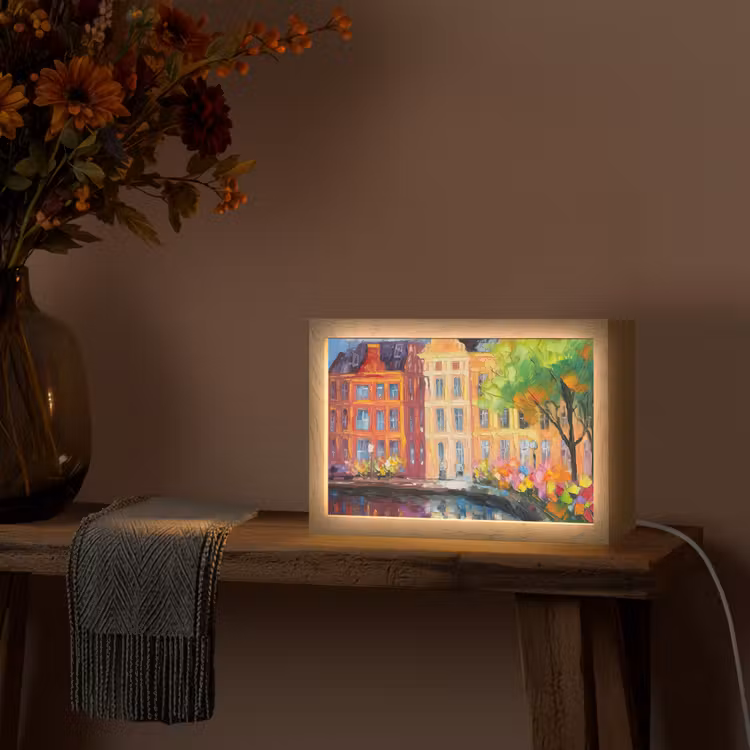 Olieverf - Amsterdam - Kunst - Kleurrijk Light Box met kabel (Tafellamp) klein -sfeer4