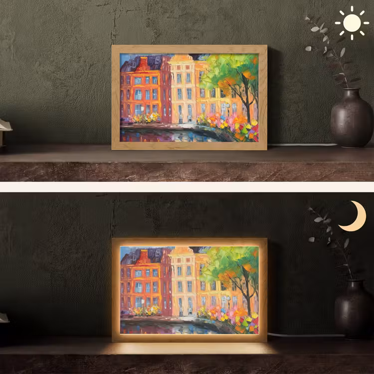 Olieverf - Amsterdam - Kunst - Kleurrijk Light Box met kabel (Tafellamp) klein -sfeer3