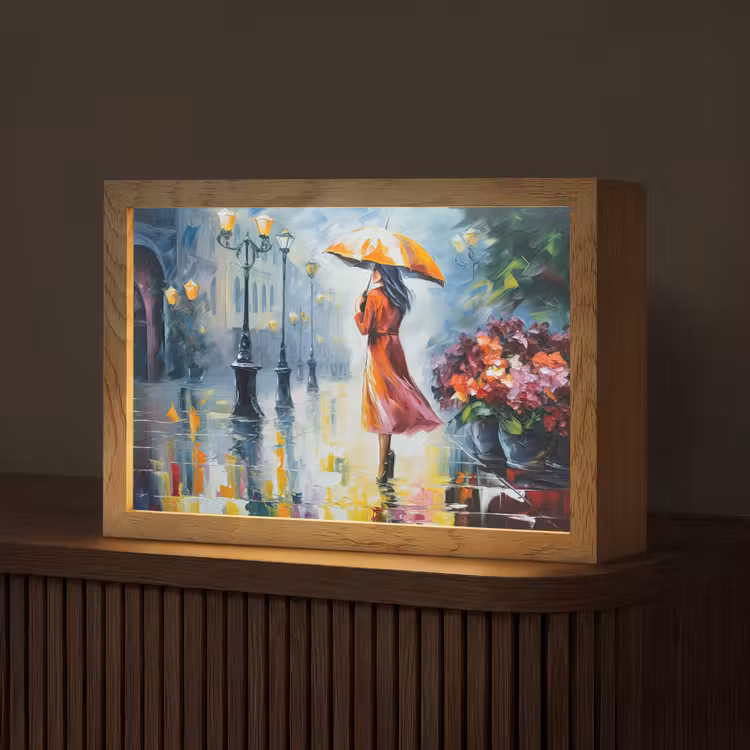 Olieverf - Paraplu - Vrouw - Straat - Kunst Light Box met kabel (Tafellamp) klein -z3d_website