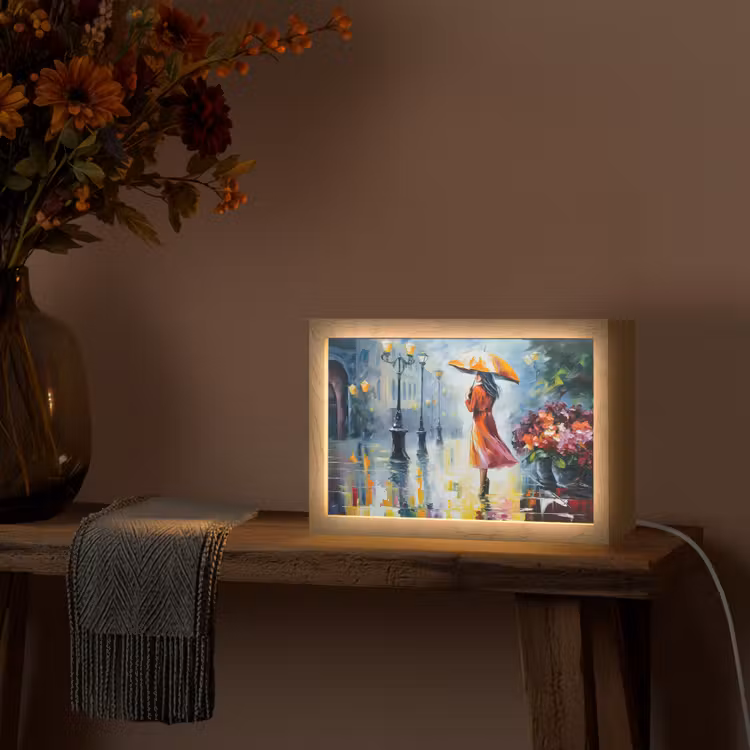 Olieverf - Paraplu - Vrouw - Straat - Kunst Light Box met kabel (Tafellamp) klein -sfeer4