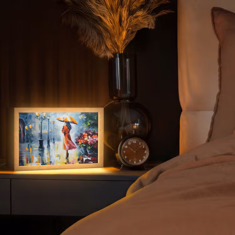 Olieverf - Paraplu - Vrouw - Straat - Kunst Light Box met kabel (Tafellamp) klein -sfeer1