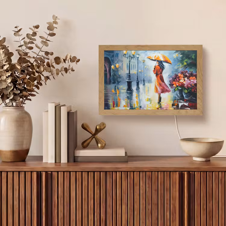 Olieverf - Paraplu - Vrouw - Straat - Kunst Light Box met kabel (Tafellamp) klein -sfeer2