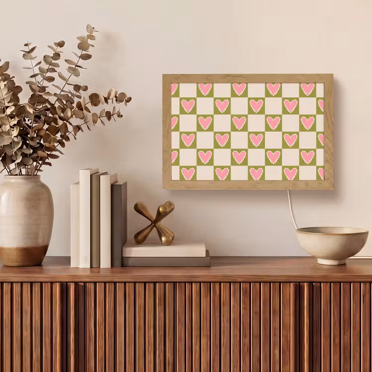 Olijfgroen - Hartjes - Patroon - Retro Light Box met kabel (Tafellamp) klein 924 -sfeer2