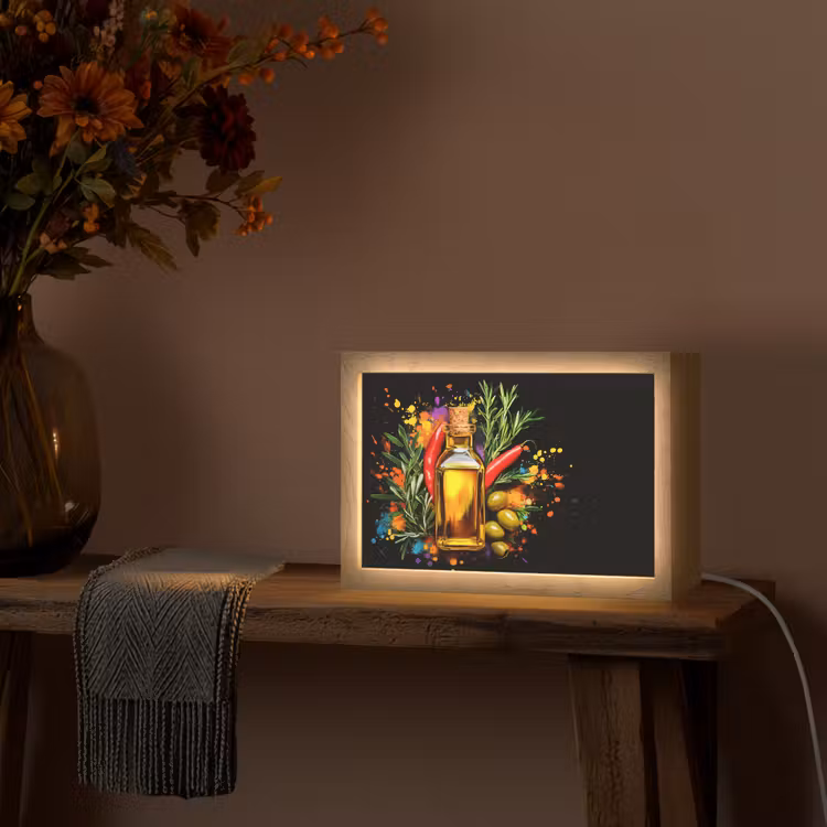 Olijfolie - Graffiti - Peper - Olijven - Modern Light Box met kabel (Tafellamp) klein -sfeer4