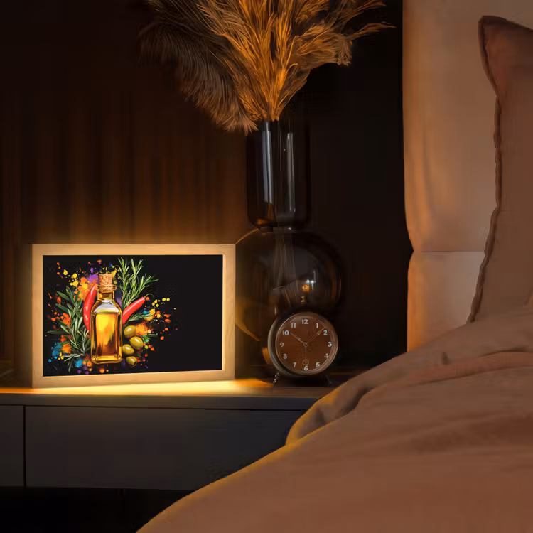 Olijfolie - Graffiti - Peper - Olijven - Modern Light Box met kabel (Tafellamp) klein -sfeer1