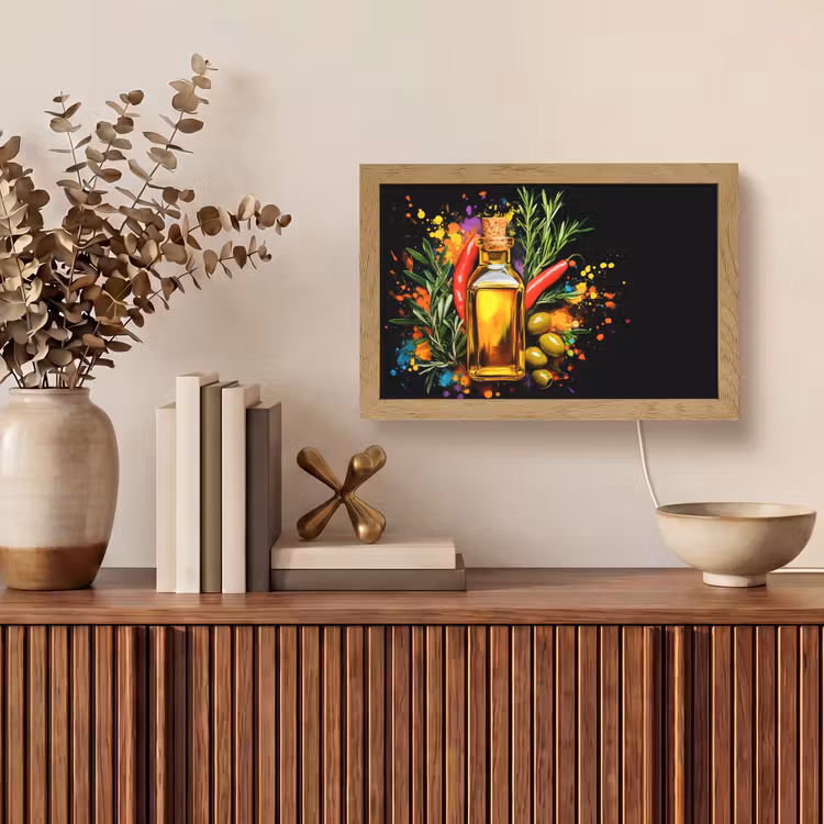 Olijfolie - Graffiti - Peper - Olijven - Modern Light Box met kabel (Tafellamp) klein -sfeer2