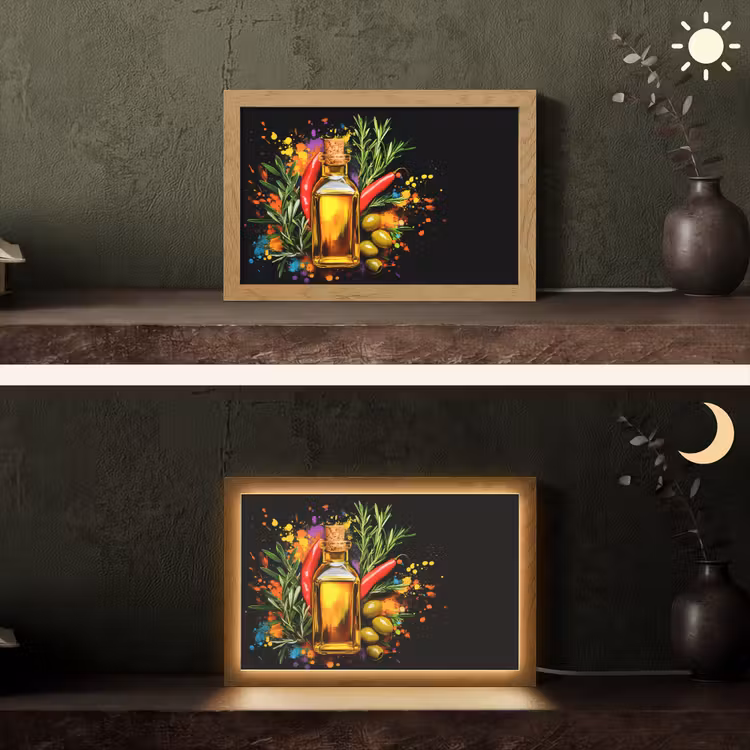 Olijfolie - Graffiti - Peper - Olijven - Modern Light Box met kabel (Tafellamp) klein -sfeer3
