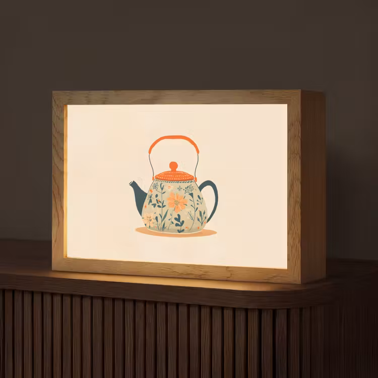 Oranje - Theepot - Bloemen - Bladeren Light Box met kabel (Tafellamp) klein -z3d_website