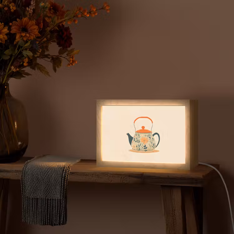 Oranje - Theepot - Bloemen - Bladeren Light Box met kabel (Tafellamp) klein -sfeer4