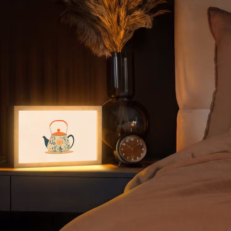 Oranje - Theepot - Bloemen - Bladeren Light Box met kabel (Tafellamp) klein -sfeer1