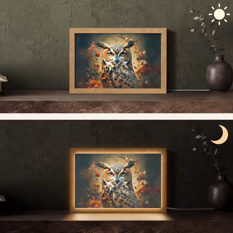 Uil - Vogel - Bloemen - Planten - Botanisch Light Box met kabel (Tafellamp) klein -sfeer3