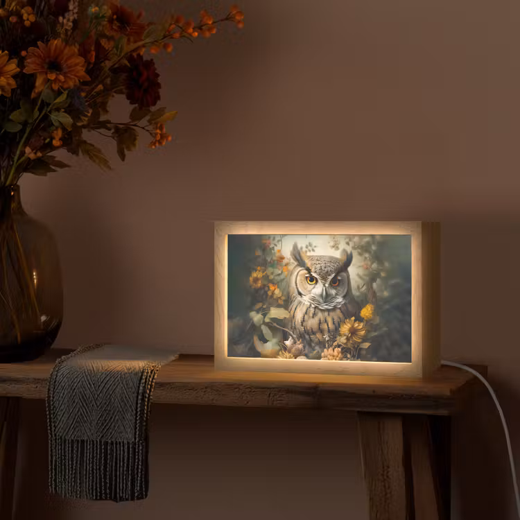 Uil - Vogels - Bloemen - Natuur Light Box met kabel (Tafellamp) klein -sfeer4