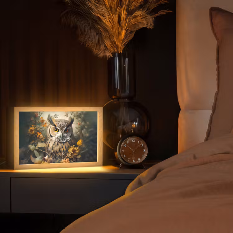 Uil - Vogels - Bloemen - Natuur Light Box met kabel (Tafellamp) klein -sfeer1