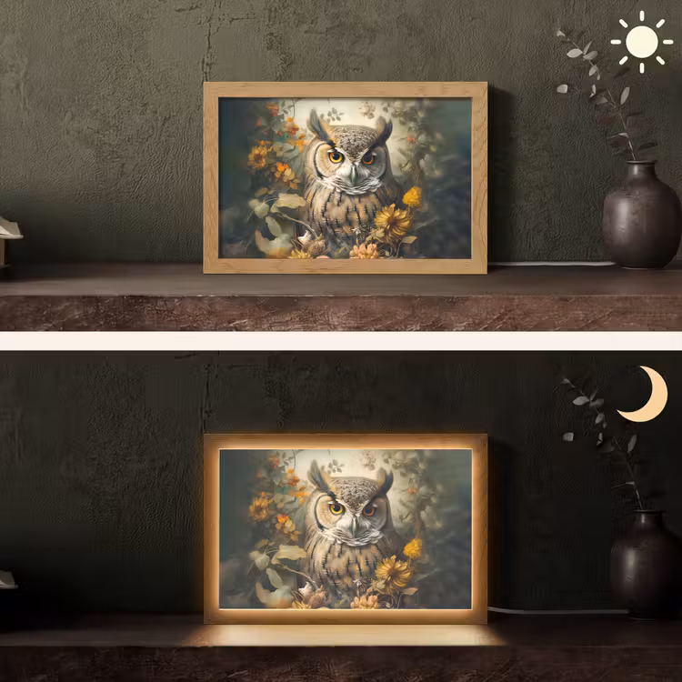 Uil - Vogels - Bloemen - Natuur Light Box met kabel (Tafellamp) klein -sfeer3