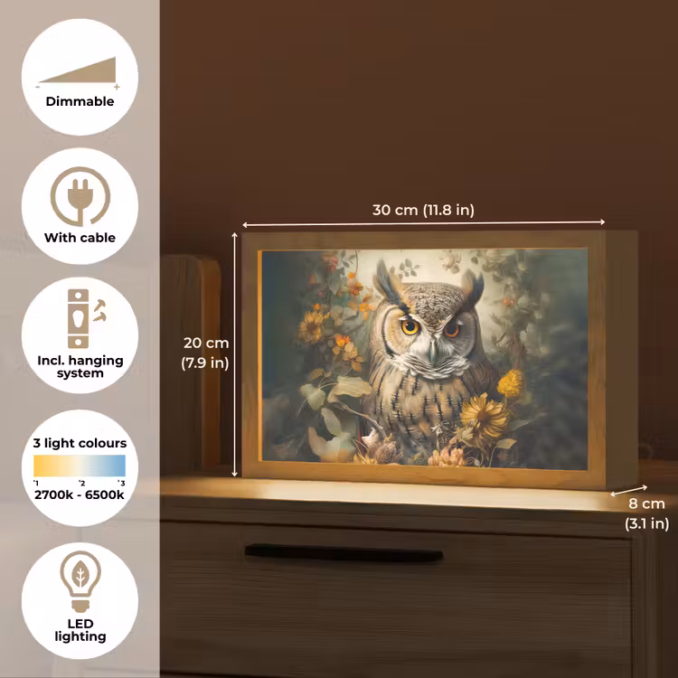 Uil - Vogels - Bloemen - Natuur Light Box met kabel (Tafellamp) klein -USP_EN
