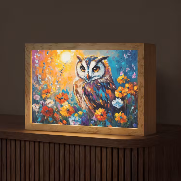 Uil - Bloemen - Kunst - Zonsondergang Light Box met kabel (Tafellamp) klein -z3d_website