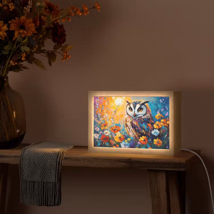 Uil - Bloemen - Kunst - Zonsondergang Light Box met kabel (Tafellamp) klein -sfeer4