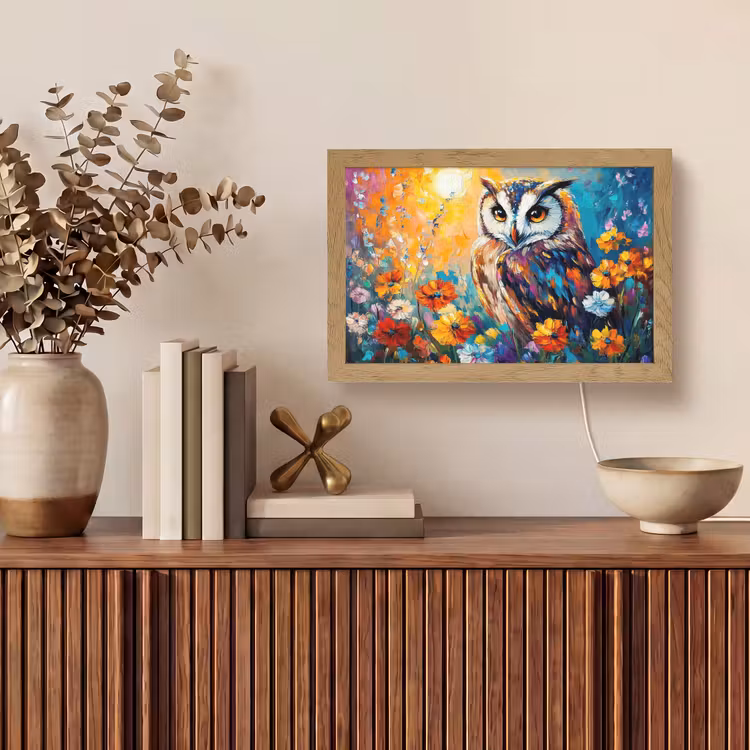 Uil - Bloemen - Kunst - Zonsondergang Light Box met kabel (Tafellamp) klein -sfeer2