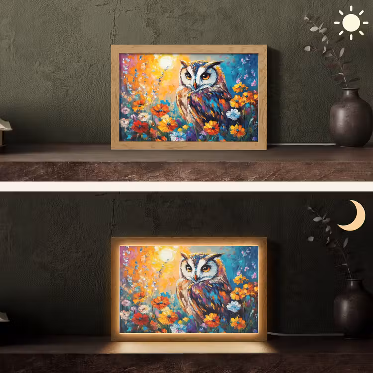Uil - Bloemen - Kunst - Zonsondergang Light Box met kabel (Tafellamp) klein -sfeer3