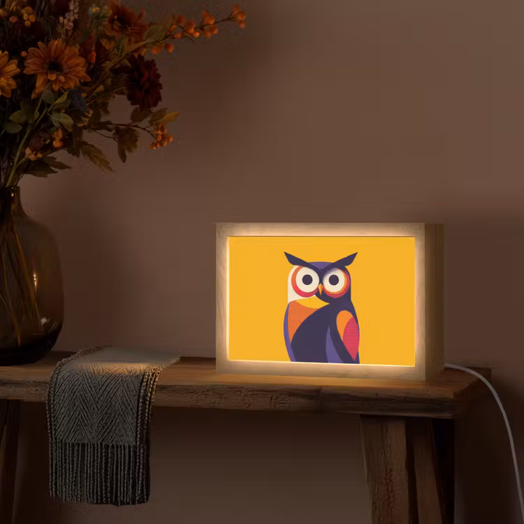 Uil - Grafisch - Kleurrijk - Ogen Light Box met kabel (Tafellamp) klein -sfeer4