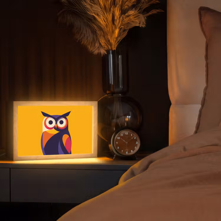 Uil - Grafisch - Kleurrijk - Ogen Light Box met kabel (Tafellamp) klein -sfeer1