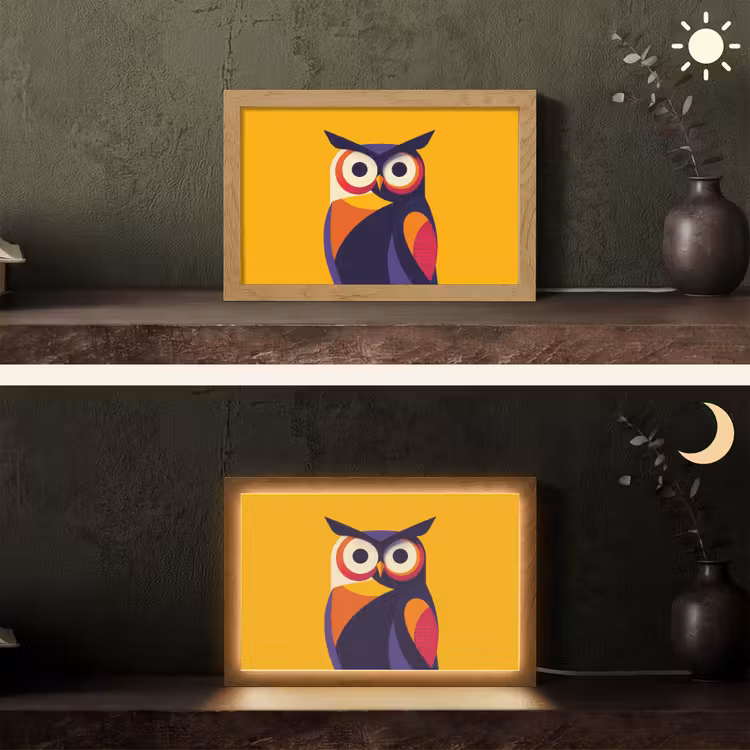 Uil - Grafisch - Kleurrijk - Ogen Light Box met kabel (Tafellamp) klein -sfeer3