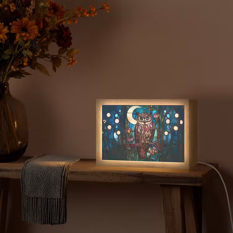 Uil - Mozaïek - Maan - Nacht Light Box met kabel (Tafellamp) klein -sfeer4