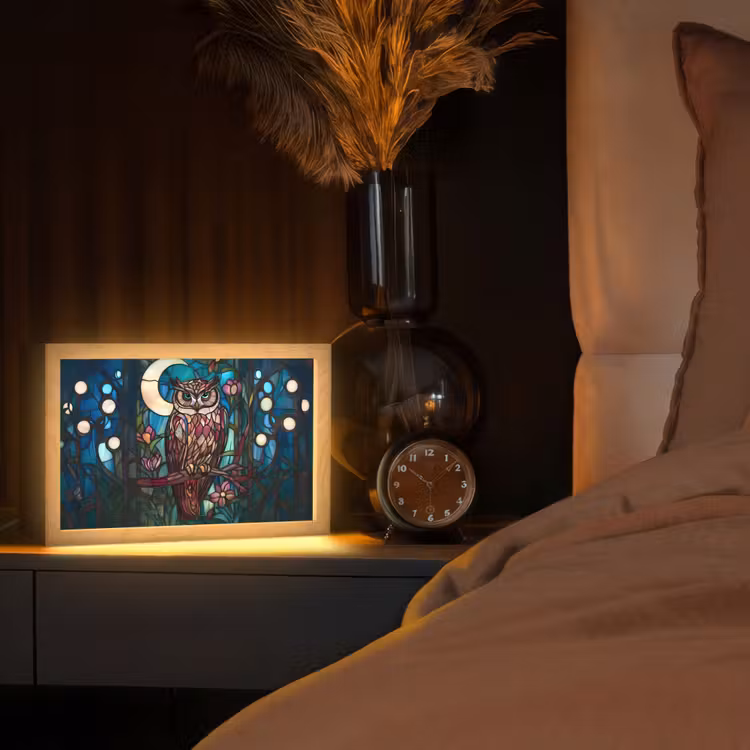 Uil - Mozaïek - Maan - Nacht Light Box met kabel (Tafellamp) klein -sfeer1