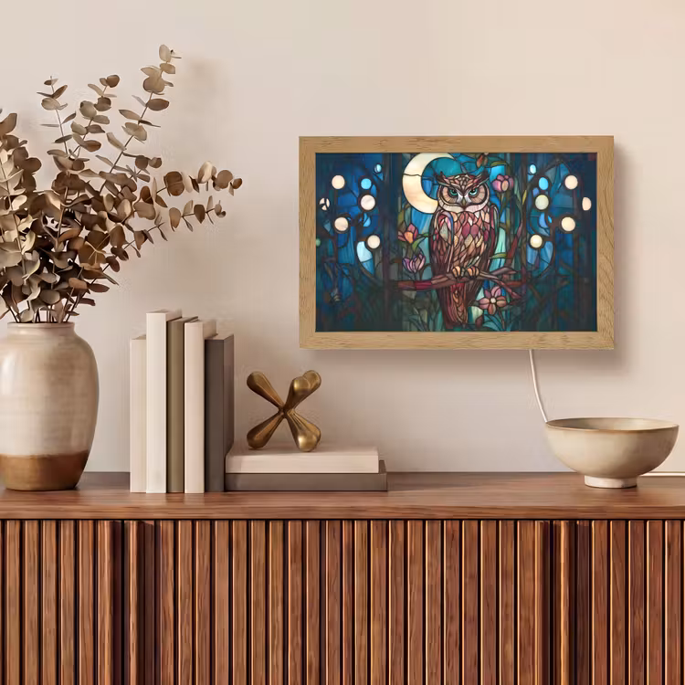 Uil - Mozaïek - Maan - Nacht Light Box met kabel (Tafellamp) klein -sfeer2