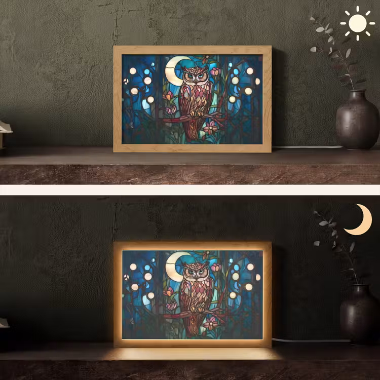 Uil - Mozaïek - Maan - Nacht Light Box met kabel (Tafellamp) klein -sfeer3